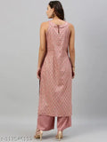Pink cotton sleeveless kurta plazzo set, Zari woven net festive party wear for women