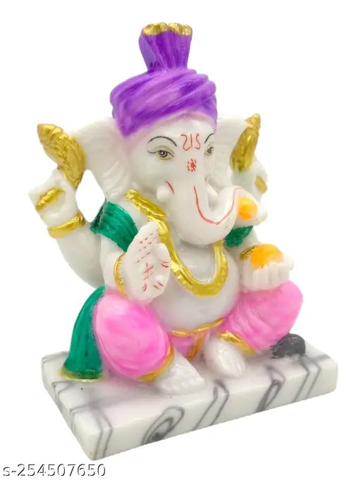 Multicolor marble Ganesh Idol (14x9x6 cm), intricately carved by Indian artisans for spiritual decor
