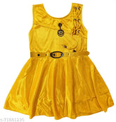 Shiny Lycra knee-length party wear for baby girls in solid pattern, featuring square neckline and maroon, purple, yellow, and navy blue colors. Perfect for everyday fun and western style. Made in India