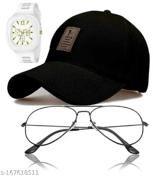 Black printed net baseball caps with triple dial square analog silicone strap sunglasses in pack of 3, suitable for men, boys, and girls