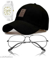 Black printed net baseball caps with triple dial square analog silicone strap sunglasses in pack of 3, suitable for men, boys, and girls