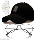 Black printed net baseball caps with triple dial square analog silicone strap sunglasses in pack of 3, suitable for men, boys, and girls