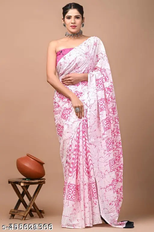 Pure soft cotton mulmul hand printed saree with blouse, Indian summer wear in natural colors