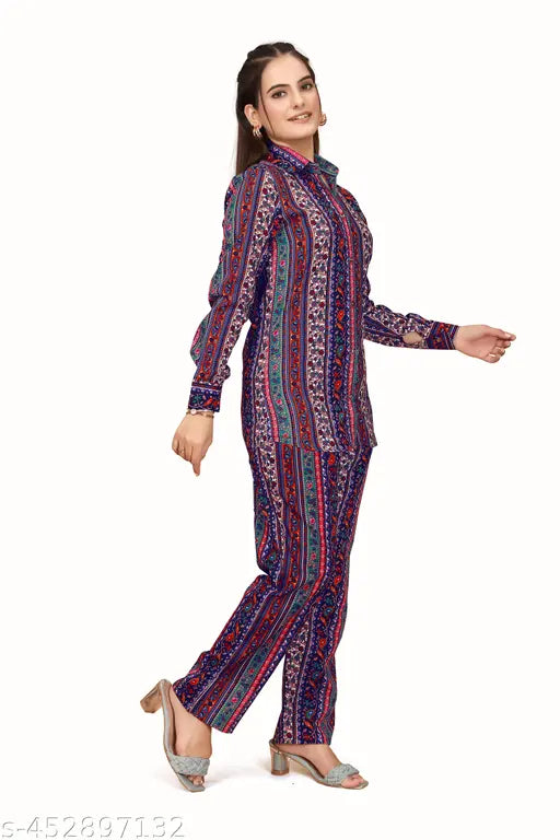 Crepe night suit set for women in printed design, ideal for lounge and sleepwear