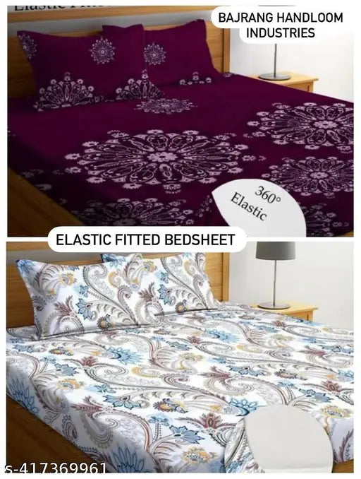 Cotton Blend Floral Fitted Elastic Double Bedsheets & Pillow Covers Set of 4 by Bajrang Handloom Industries - Ideal for Summer Adults