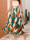 High waist print pleated maxi skirt, polyester, versatile casual midi length for spring, autumn, winter wardrobe add-on. Available in sizes 28-38 inches. Made in India