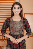 Black gold rayon Naira cut kurti, printed combo three-quarter sleeves, Indian ethnic women's fashion on mannequin