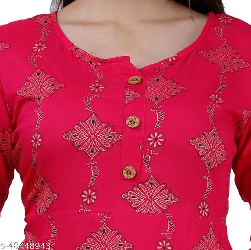 Rani Pink Rayon Anarkali Kurti with Sanganeri Gold Print, three-quarter sleeves, round neck - Indian women's fashion