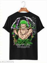 ONE PIECE Zoro Roronoa unisex regular fit round neck cotton t-shirt, short sleeves, printed pattern. Indian-made Anime apparel on mannequin