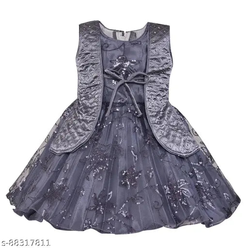 Grey net frock dress for little princesses, embellished silver kraft design