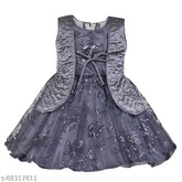 Grey net frock dress for little princesses, embellished silver kraft design