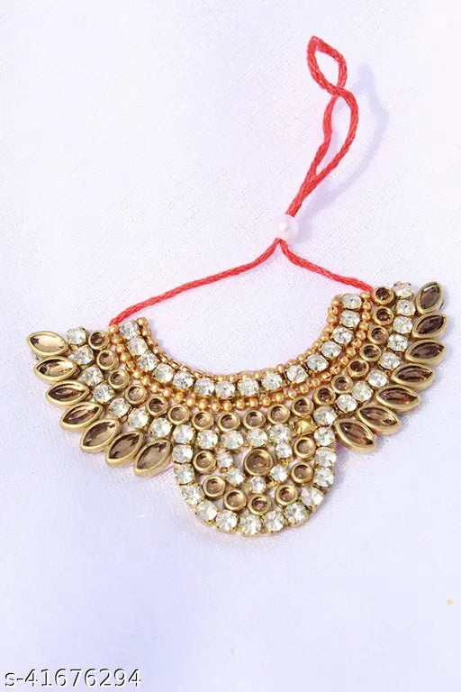 Golden, handmade Futurez Key Laddu Gopal jewelry set featuring mukut necklace, bangles, flute (45 size), made with imitation gems and decorative pieces. God idol dress for Krishna, premium quality, multicolor patterns. Indian origin