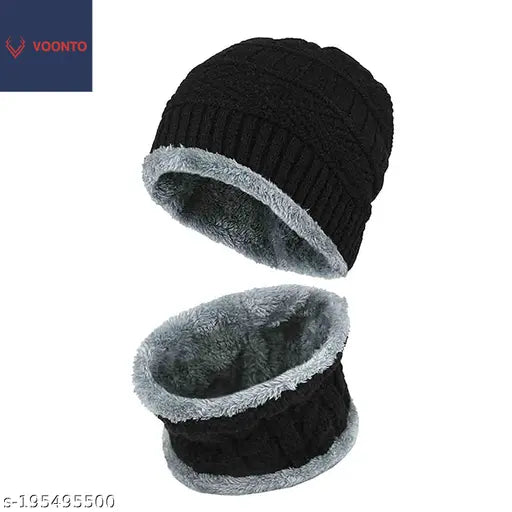 Black VOONTO Women's Winter Beanie Set - Thick knit hat with scarf, ideal for outdoors skiing or cycling, made from acrylic, fur, and wool