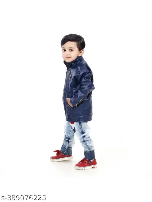 Comfortable leather jacket for boys aged 4-5 years, solid color design in popular shades like black, brown, or navy from The Indian Shop