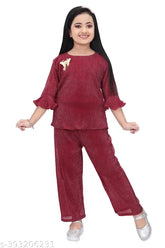 Maroon Chiffon Top with Georgette Palazzo Set, modern kids' partywear for girls