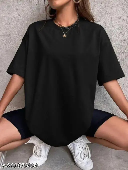 Calm Down oversized black cotton blend T-shirt for women, three-quarter sleeves, solid design, trendy & comfortable fashion wear