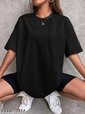 Calm Down oversized black cotton blend T-shirt for women, three-quarter sleeves, solid design, trendy & comfortable fashion wear