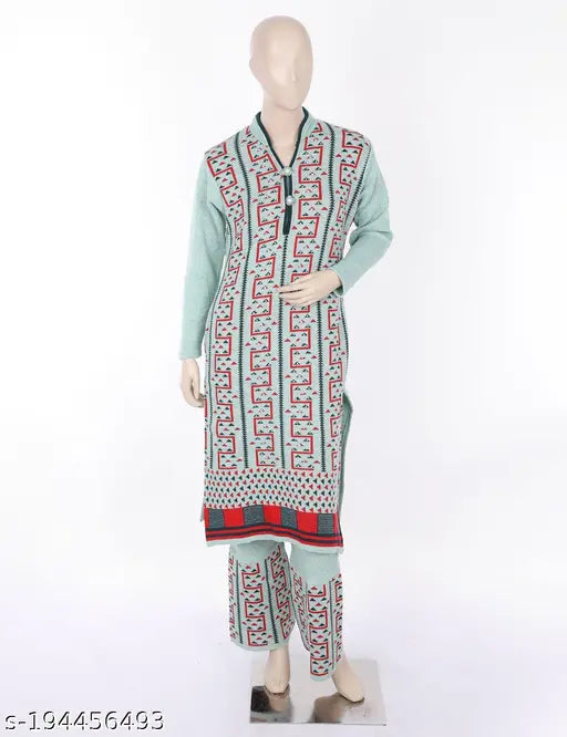 Woolen winterwear kurta palazzo set with stonework for women, soft and comfy self-design pattern" (124 characters)