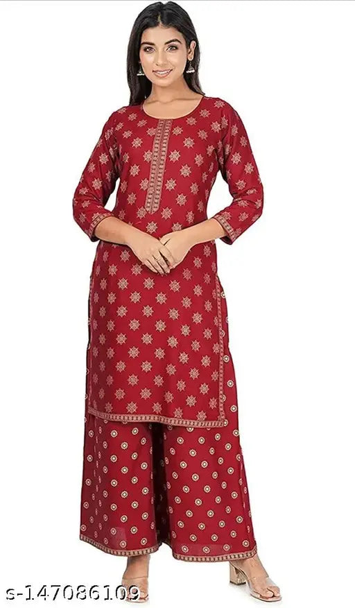 Gold-printed rayon kurta with palazzo, beautiful design by Emre Creation