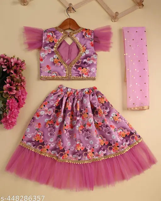 Trendy chanderi silk lehenga set with floral print and short sleeves for kids, 3 pieces in various sizes (1-2yrs to 5-6yrs), India origin