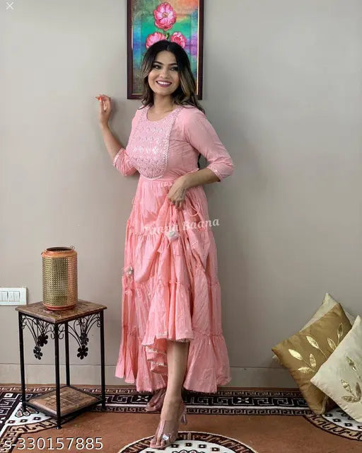 Pink rayon embroidered net gown, three-quarter sleeves, various sizes available