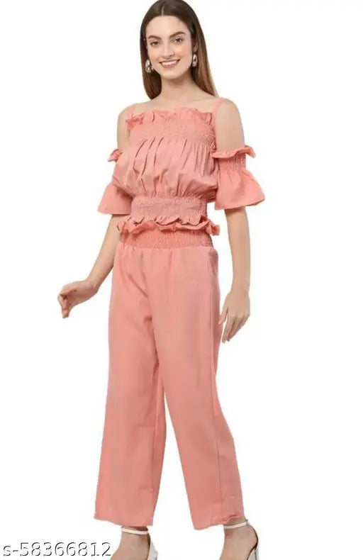 Crepe Kansai jumpsuit, solid patterned casual wear in short sleeves. India-made MEETNEX outfit in sizes S, M, and L