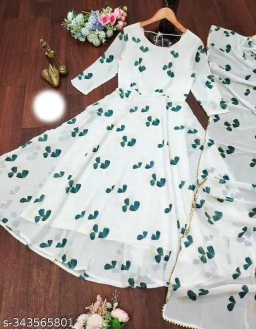 Floral printed Georgette gown for women party wear, three-quarter sleeves, available in S, M, L, XL, XXL, XXXL. Hand wash, Indian origin