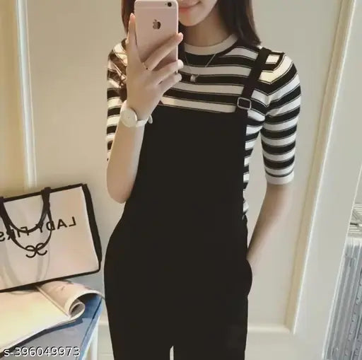 Women's black and white cotton blend jumpsuit with tee, three-quarter sleeves, solid pattern. On model, XS size (bust 34in, length 38in, waist 26in). Made in India