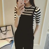Women's black and white cotton blend jumpsuit with tee, three-quarter sleeves, solid pattern. On model, XS size (bust 34in, length 38in, waist 26in). Made in India