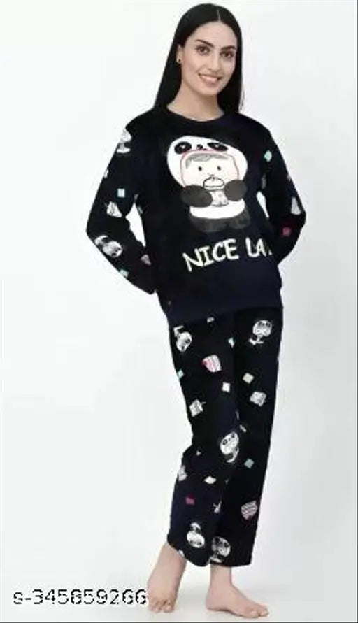 Women's woolen winter print night suit combo (M: 38in bust, 25in length / L: 40in bust, 25in length), India-made premium velvet pyjamas with long sleeves