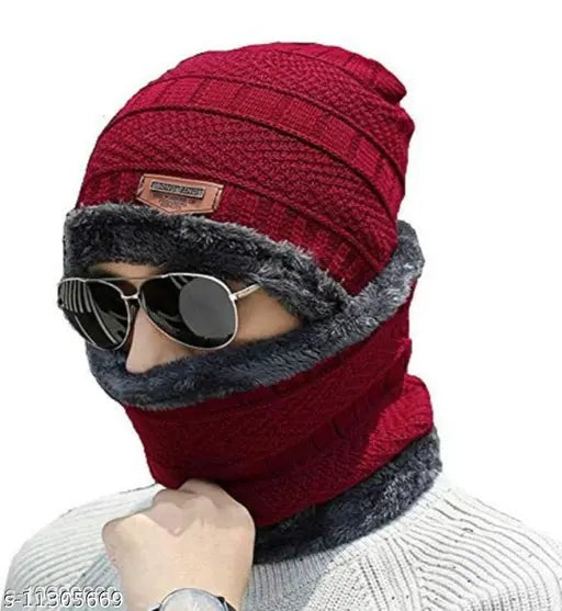 Maroon wool textured cap set, handcrafted balaclava and muffler from India