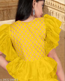 Floral net party gown for kids, exudes opulence and grace. Short sleeves, ideal for birthdays or special occasions. Made by B. R. Enterprise, Indian origin