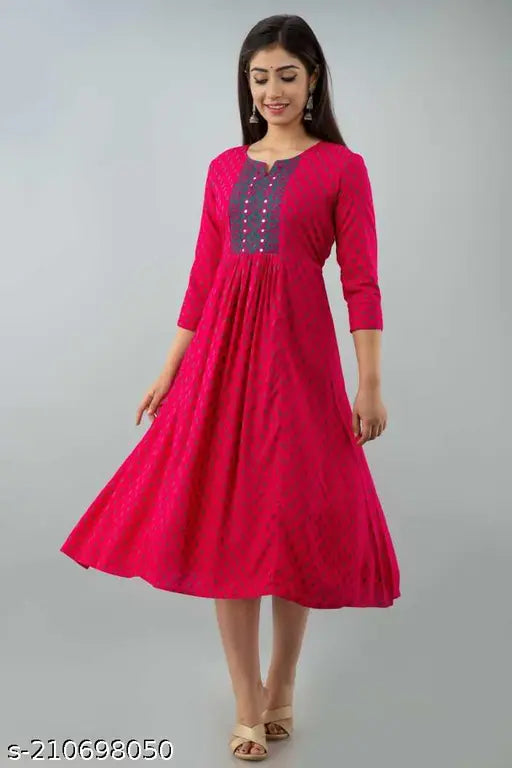 Women's Red Viscose Rayon 3/4 Sleeve Printed Anarkali Kurtis, elegant Indian fashion for various occasions