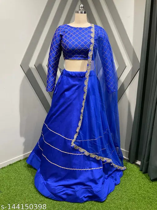 Fancy satin lehenga choli with embroidered patterns, up to 39" waist, semi-stitched Indian bridal wear