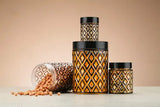 Black airtight, unbreakable dry fruit jar set with 6 pcs each of 250ml, 350ml, 650ml, and 1200ml (pack of 24). Ideal for pantry storage