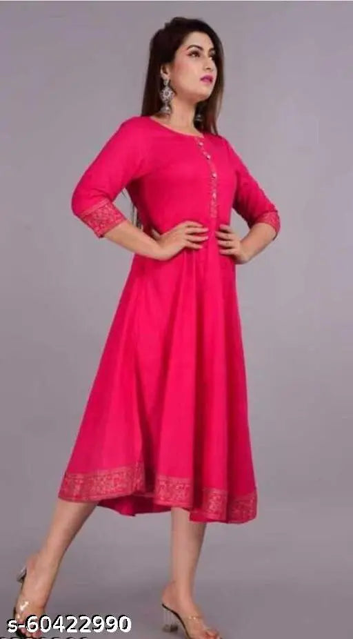 Pink rayon flared Kurti with Trandy border yoke print, three-quarter sleeves