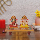 Multicolor marble Ganesh Laxmi idol showpiece set with chowki, perfect for Diwali gift. Handcrafted by skilled artisans in India