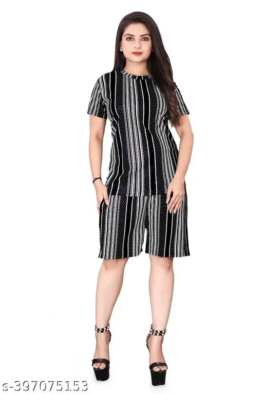 Striped polycotton night suit and dress set for women, featuring short sleeves and matching bottom shorts