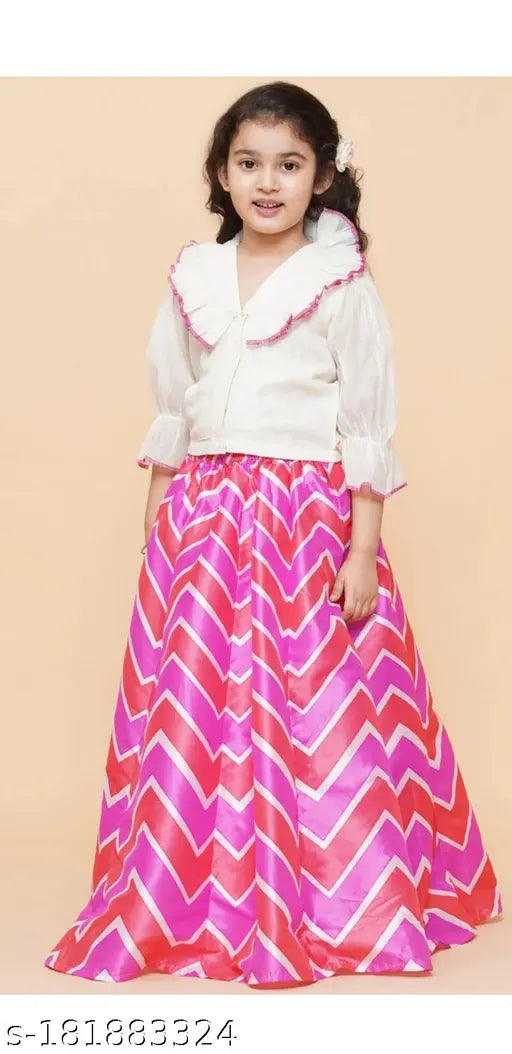 Girls pink & white ready-to-wear chanderi silk Lehenga choli with three-quarter sleeves, block stitch pattern, and included dupatta