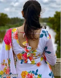 Denim self-designer party dress with long sleeves, solid net, and dupatta. Stylish women's gown from India (size S: 36in bust, 44in length, 34in waist)