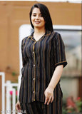 Black lining print night suit, cotton top and bottom, three-quarter sleeves, black patterned pyjamas on hanger, Indian origin