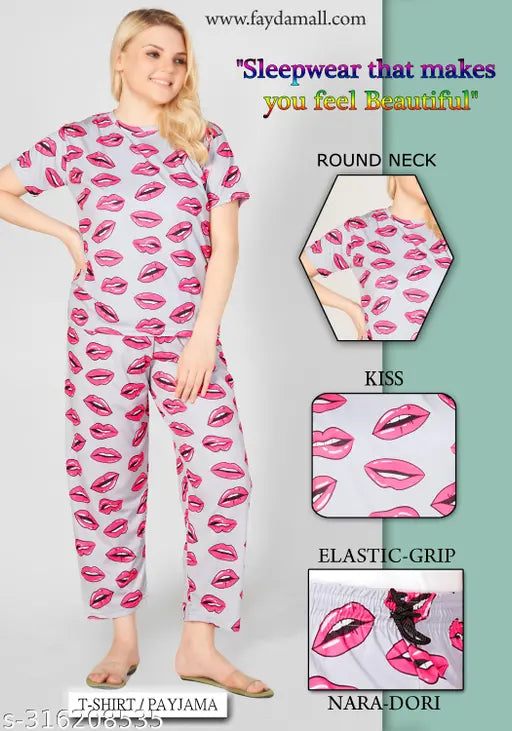 Stylish printed polyester payjama set for women, short sleeved top and bottom with elastic waistband, India origin