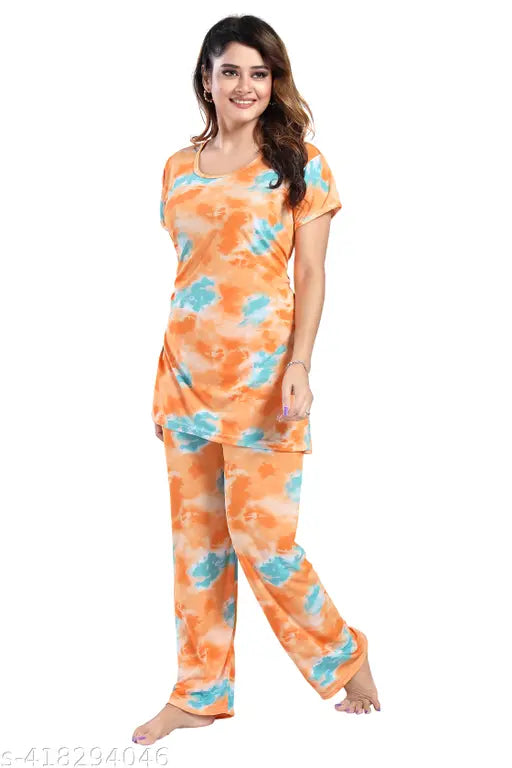 Women's polyester night suit with pocket, dyed/washed pattern, available in sizes L, XL, and XXL