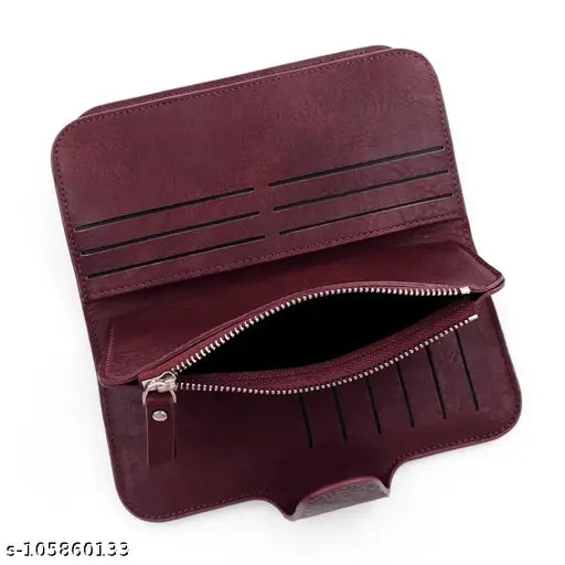 Red leather long women's wallet with 16 slots and 3 pockets, perfect for multi-tasking ladies
