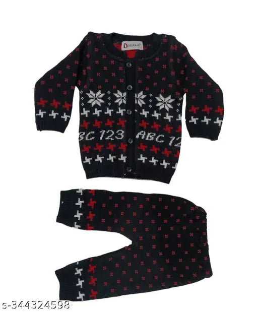 Woolen baby sweater set with pyjama top & trouser dress, long sleeves, printed design. Cozy winter clothes for infants. Breathable, gentle touch, and extra comfort