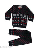 Woolen baby sweater set with pyjama top & trouser dress, long sleeves, printed design. Cozy winter clothes for infants. Breathable, gentle touch, and extra comfort