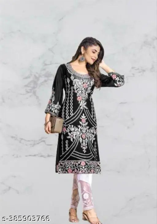 Floral embroidered Georgette kurta pair with crepe pants, Pakistani design on white background
