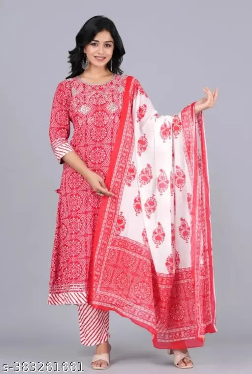 Rayon embroidered Anarkali Kurti set with pant and dupatta, vibrant Indian ethnic wear for women