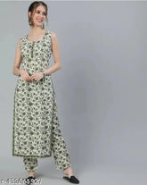 Rayon sleeveless printed net mehandi kurti and pants, single size XS-XXXL for Indian festive wear