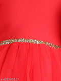 Red net high-low dress for kids party wear, toy balloon print on sleeveless design